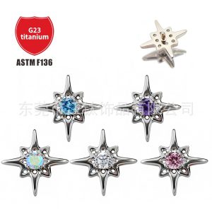 G23 Titanium Alloy Eight-Pointed Star Ear Stud with Zircon, ASTM F136 Titanium Body Piercing Jewelry