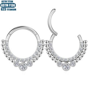 Titanium CZ Cluster Hinge Seamless Ring Nose Septum Earring 1.2x12mm Silver