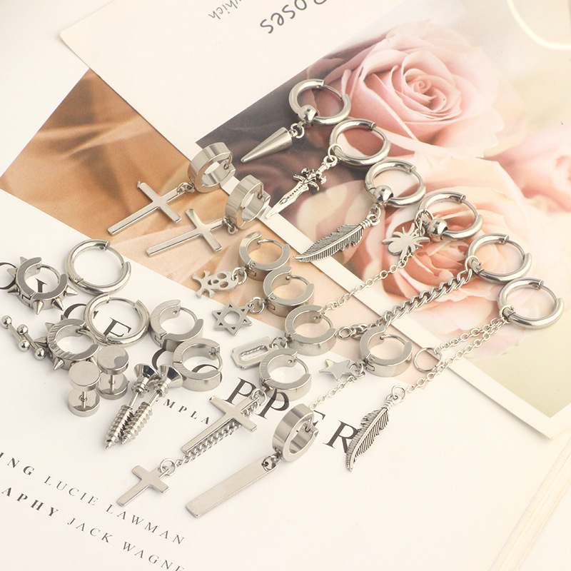 Stainless Steel Cross Hip Hop Earrings Set for Men - 26 Piece Fashion Earring Wholesale - Image 5