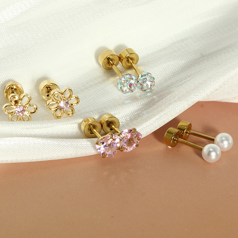 Stainless Steel Flower Screw Disc Earrings Zircon Ear Bone Nails Creative Fashion Body Piercing Jewelry - Image 3