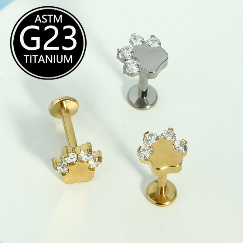 G23 Titanium Alloy Bear Paw Internal Thread Zircon-Inlaid Lip Stud and Ear Stud Body Piercing Jewelry - Image 3