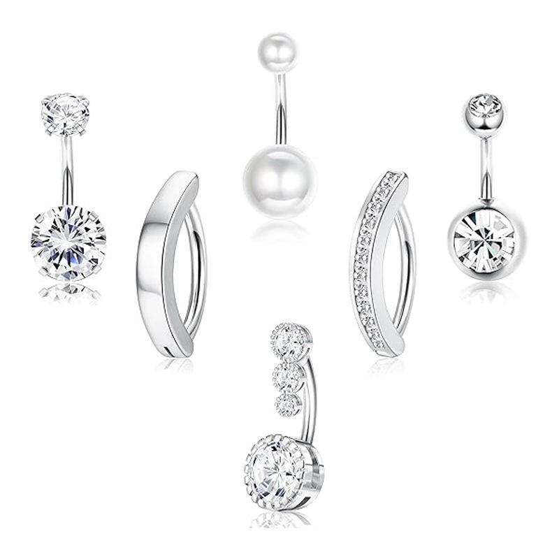 Stainless Steel Belly Button Ring Set - Inlaid Zircon Geometric Navel Ring, European American Style, Body Piercing Jewelry 6-Pack - Image 2