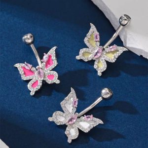 Butterfly Navel Dangle Belly Ring Copper Inlaid Stone Piercing Jewelry Summer New
