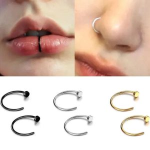 F136 Titanium D-Shaped Fake Nose Ring Piercing-Free Nose Nail Lip Hoop Simple Hip-Hop Men Women Implant Grade Lip Ring