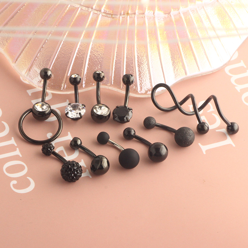 New Cross-Border Amazon Hot Selling Stainless Steel Zircon Silver Navel Ring Piercing Black Set - Image 3