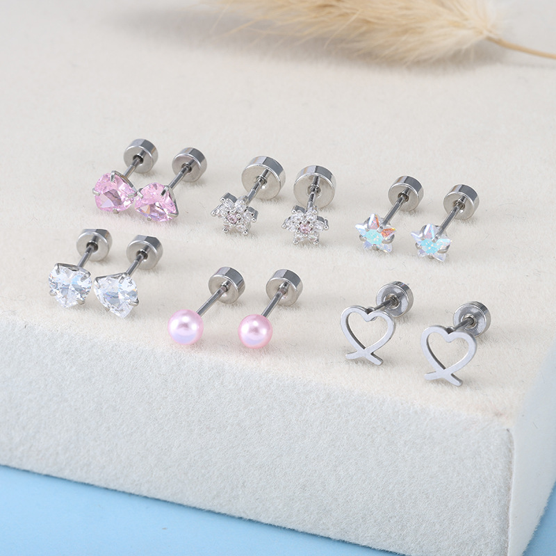 12 Hot-Selling Stainless Steel Five-Pointed Star Ear Studs with Threaded Round Flat-Back Design, Piercing Jewelry - Image 2