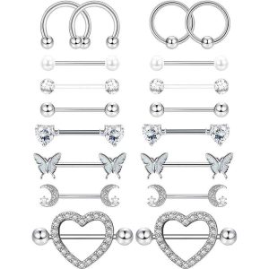 Stainless Steel Zircon Heart Breast Nipple Ring Set - 18K Gold Plated Body Piercing Jewelry for Women Men