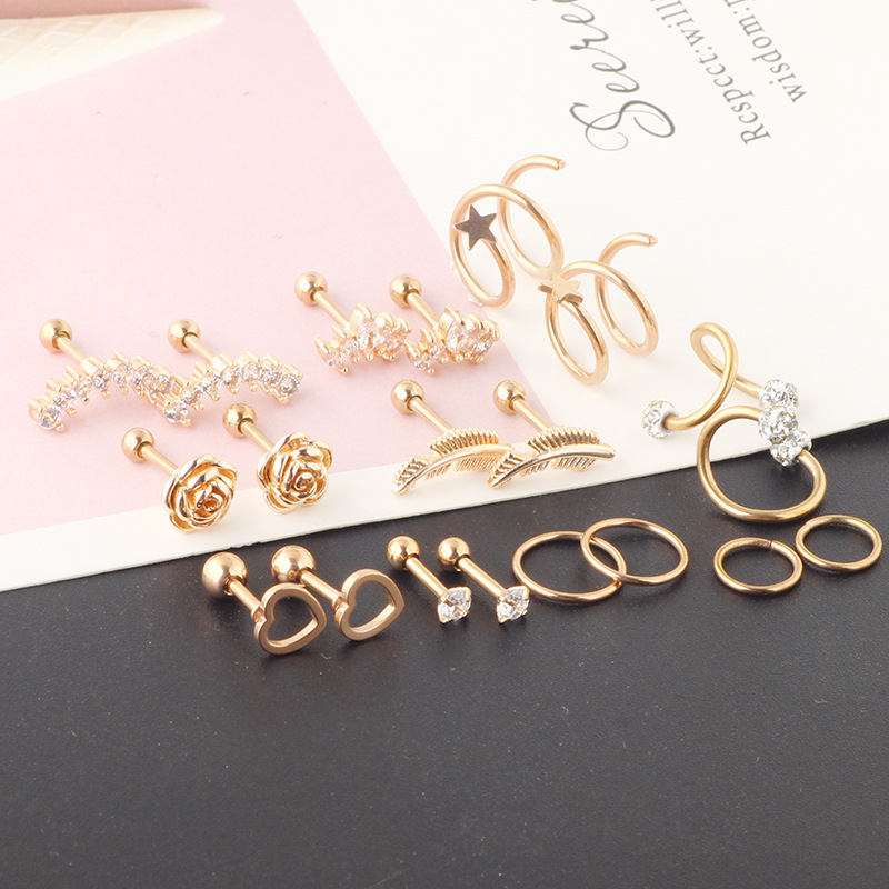 20-Piece 16G Body Piercing Jewelry Set - Simple Earrings, Ear Cuffs, Ear Nails, Cartilage Ear Bone Set, 3 Colors - Image 2