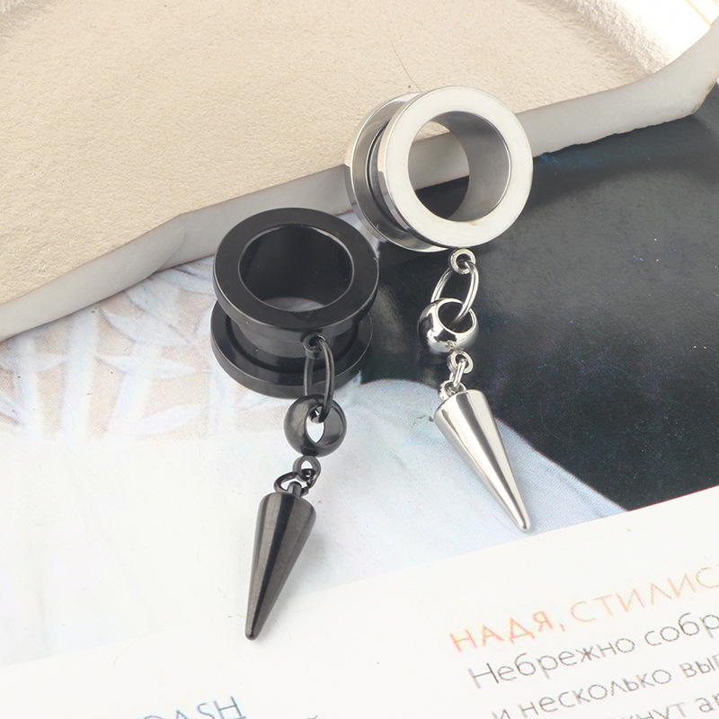 W02 Black 25mm External Thread Pointed Cone Auricle Expander Earring - 316L Surgical Steel - Image 2