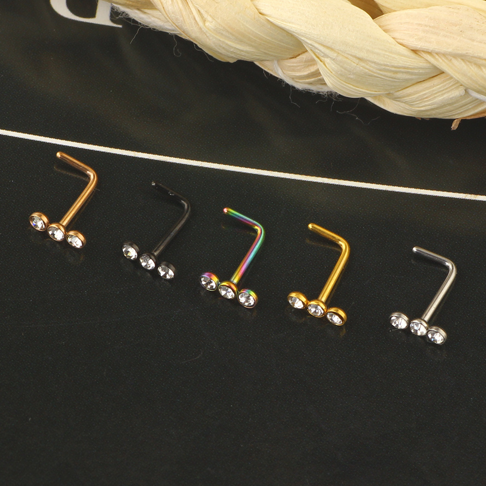 European American Rhinestone Medical Stainless Steel Body Piercing Straight Nose Stud Nose Ring - Image 4