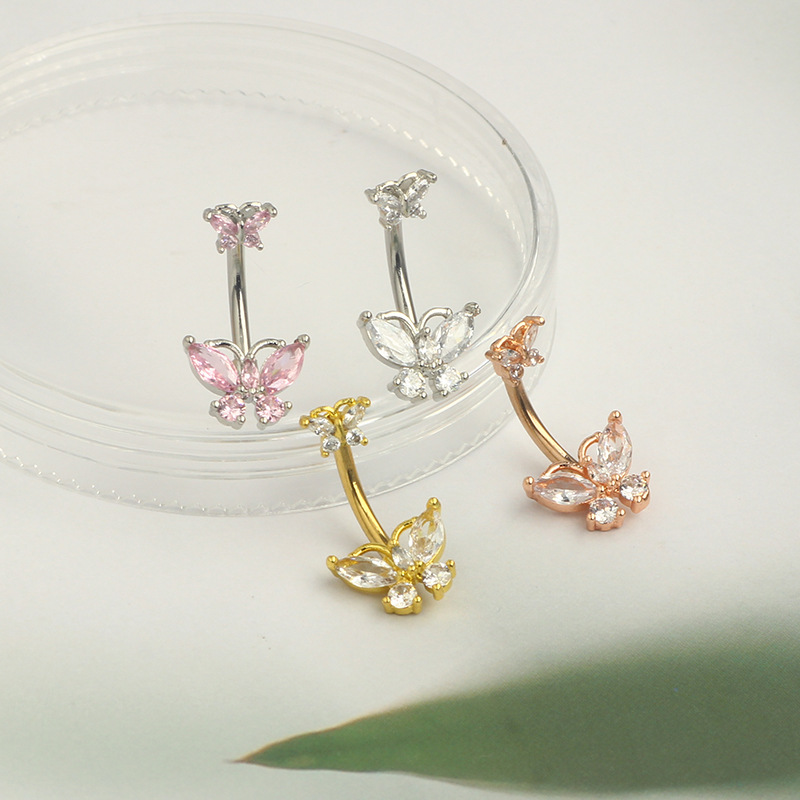 New Stainless Steel CZ Butterfly Navel Ring - Silver Pink Zircon Belly Button Ring for Women - Image 2