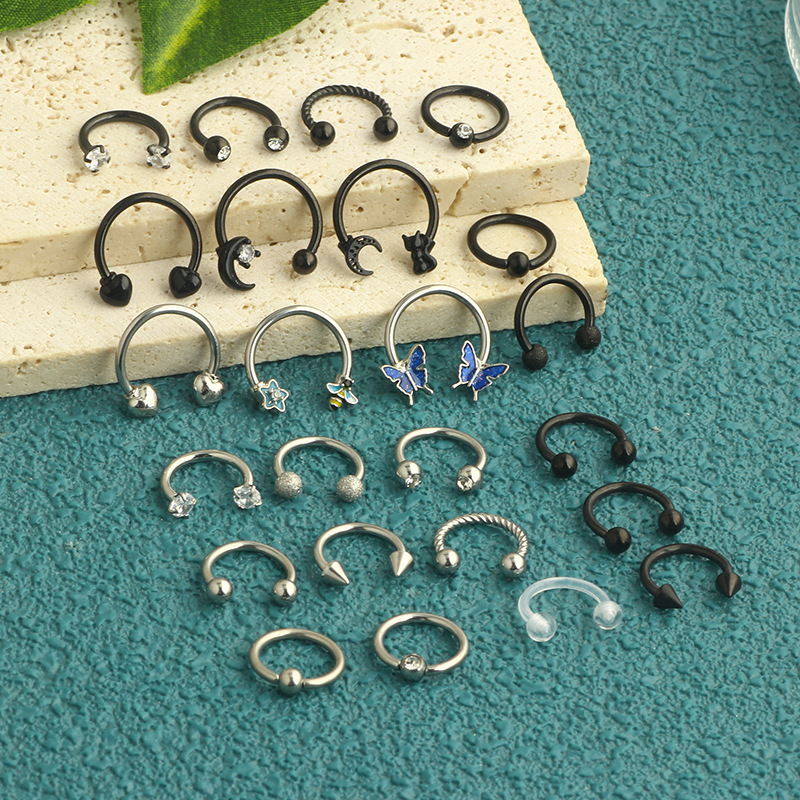 24 Pieces Stainless Steel Love Star Nose Ring Horseshoe Septum Earring Set Body Piercing Jewelry - Image 5