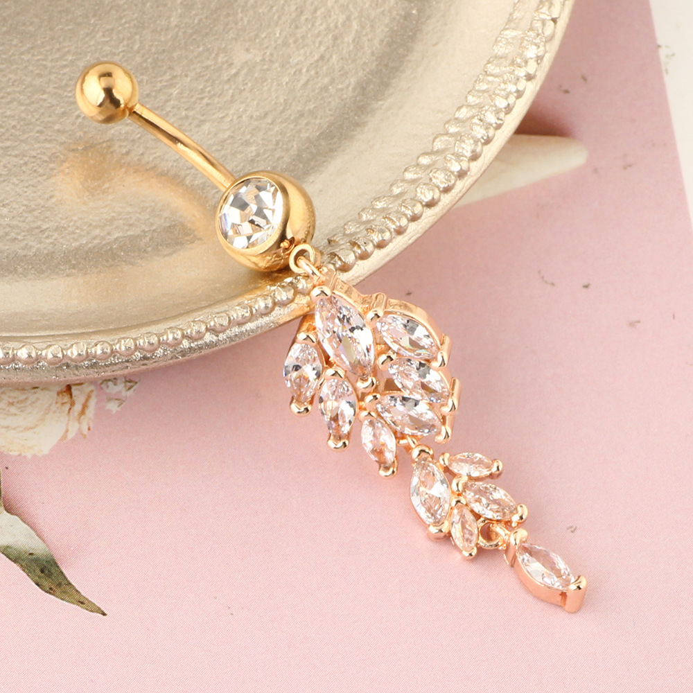 Rose Gold Diamond Leaf Navel Ring Belly Button Piercing Jewelry Stainless Steel - Image 5