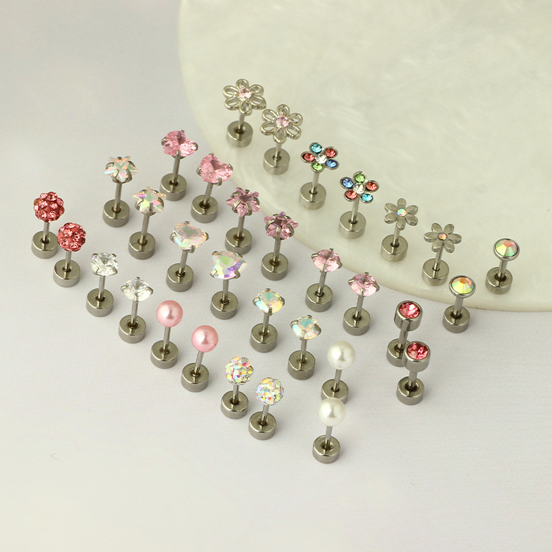 Stainless Steel Screw Earrings Women's Small Flower Round Conch Earrings Set of 32 - Fashion Geometric Ear Piercing Jewelry - Image 3