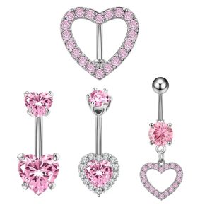 Peach Heart Zircon Belly Button Ring - 316L Surgical Steel Love Belly Ring for Women Men Hip Hop Style