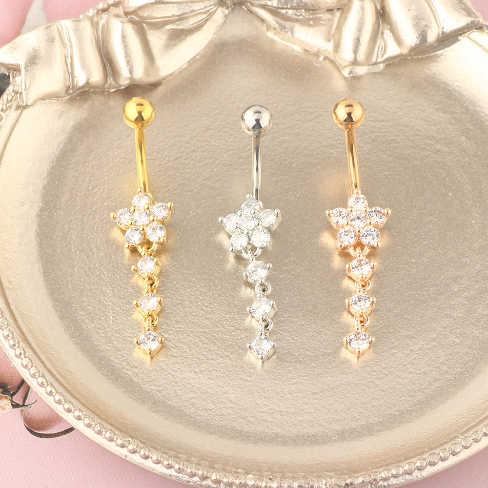 Rose Gold Belly Button Ring Zircon Flower Cartoon Style Body Piercing Jewelry - Image 4