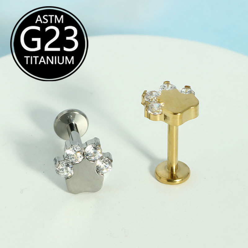 G23 Titanium Alloy Bear Paw Internal Thread Zircon-Inlaid Lip Stud and Ear Stud Body Piercing Jewelry - Image 5