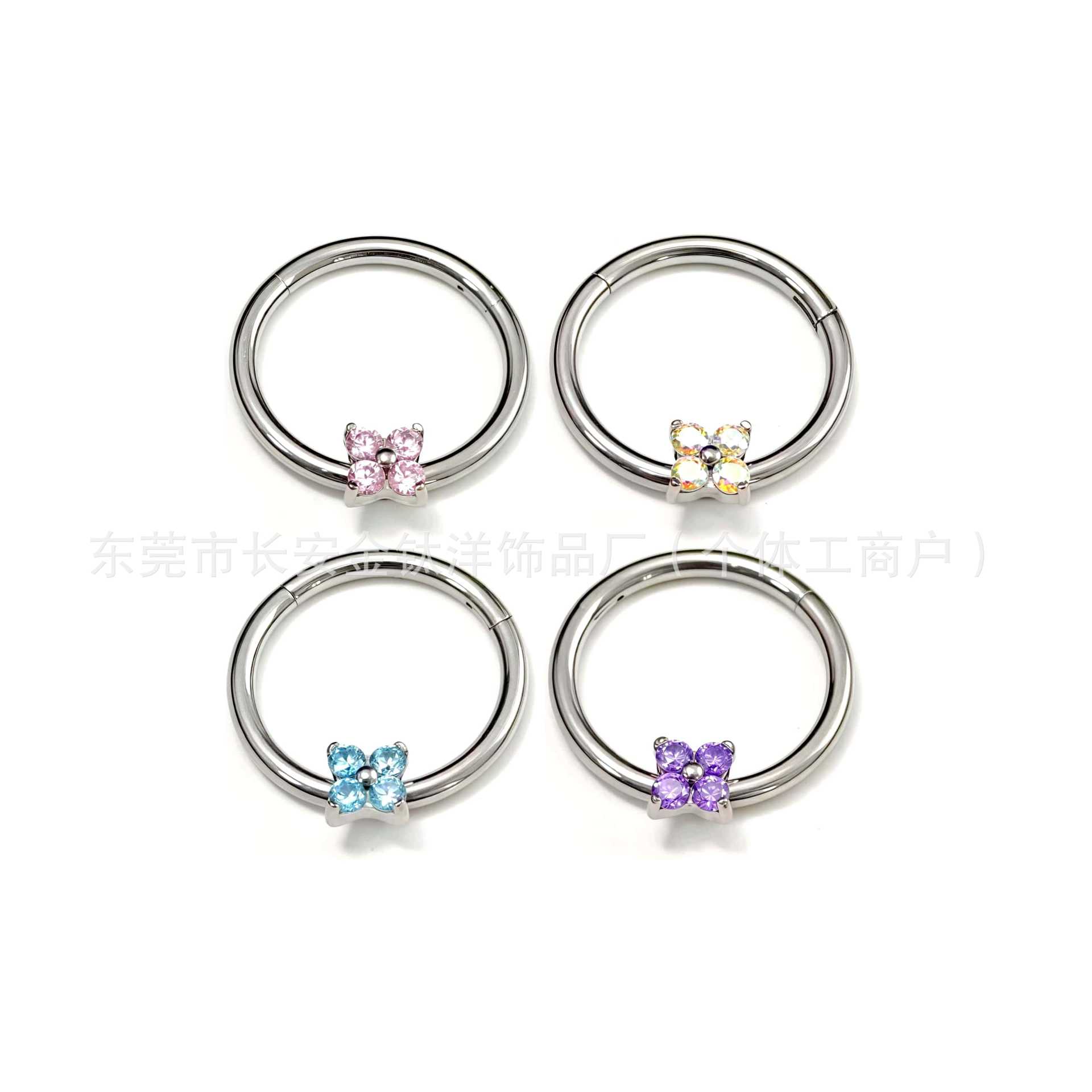 F136 Titanium Four-Leaf Clover Zircon Seamless Open Ring Nose Septum Earring - Blue Zircon - Image 2