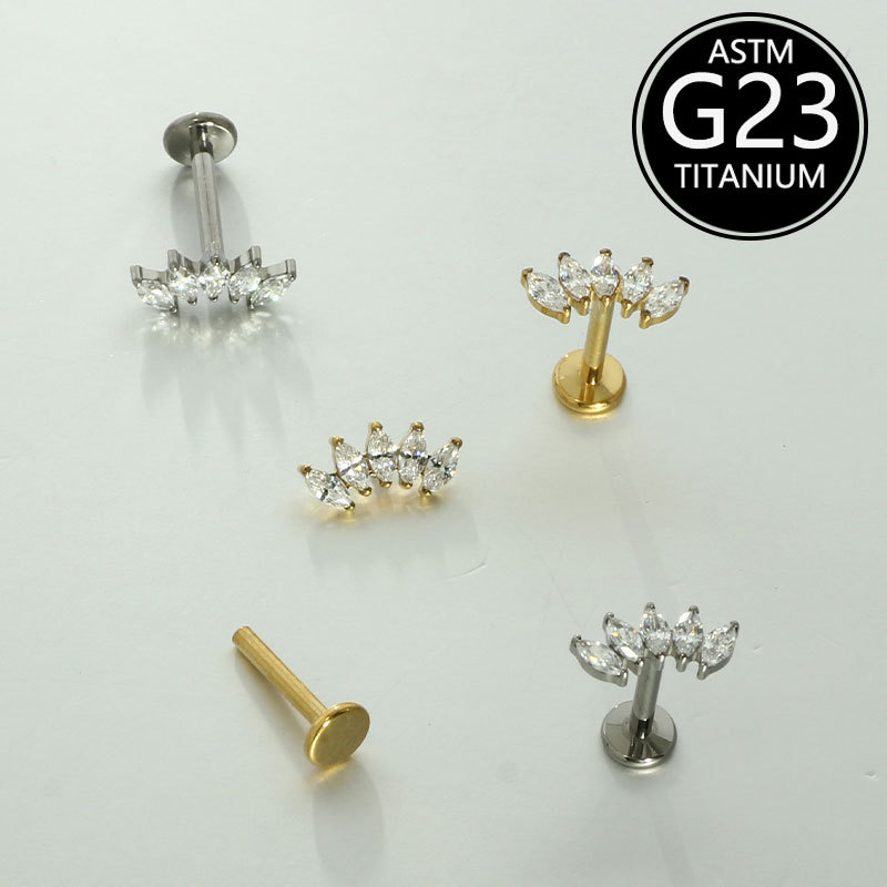 G23 Titanium Lip Stud Five-Eye Inlaid Zircon 16G Internal Thread Labret Piercing Jewelry - Image 3