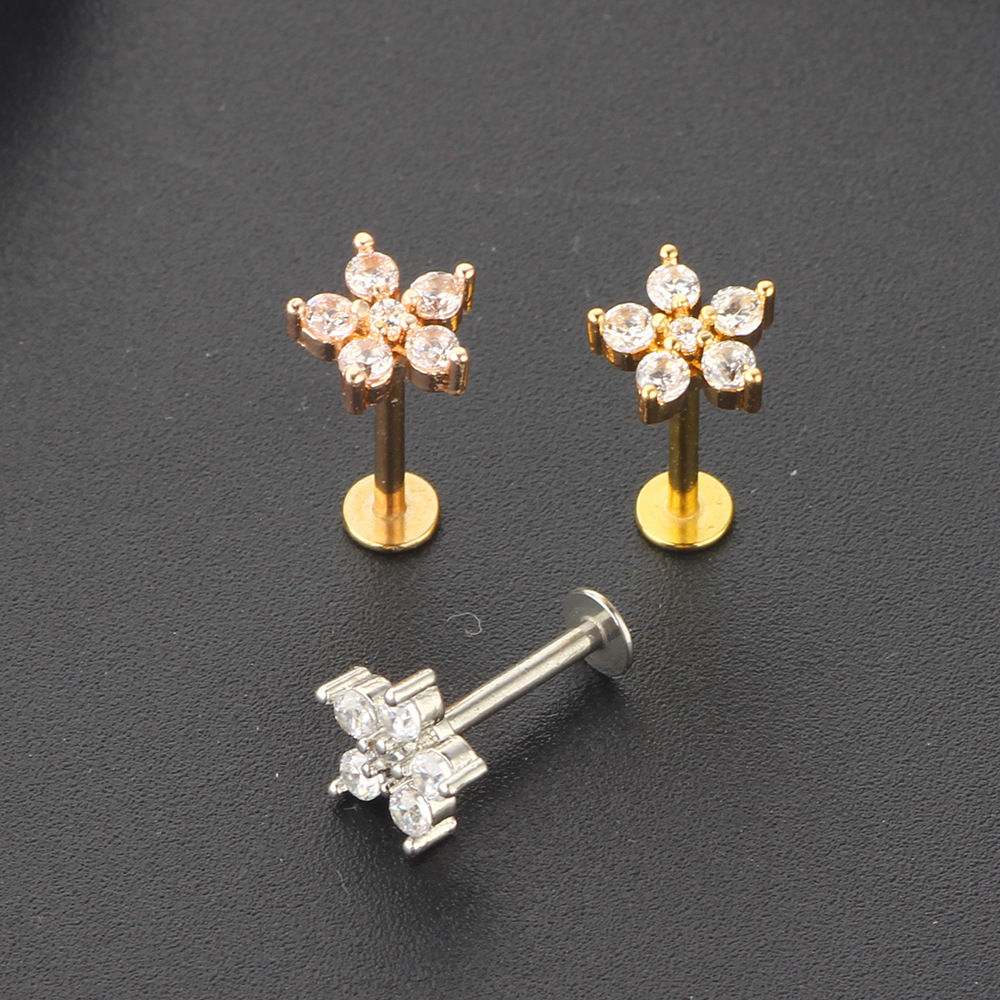 Zircon Flower 8mm Rose Gold Stainless Steel Ear Stud Earring for Women Body Piercing Jewelry - Image 4