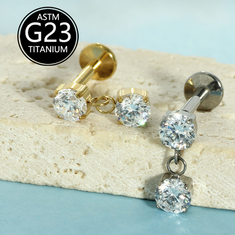 F136 Titanium Lip Nail Round Zircon Water Drop Pendant Earrings G23 Titanium Flat Bottom Internal Thread Marquise Ear Bone Nail - Image 3