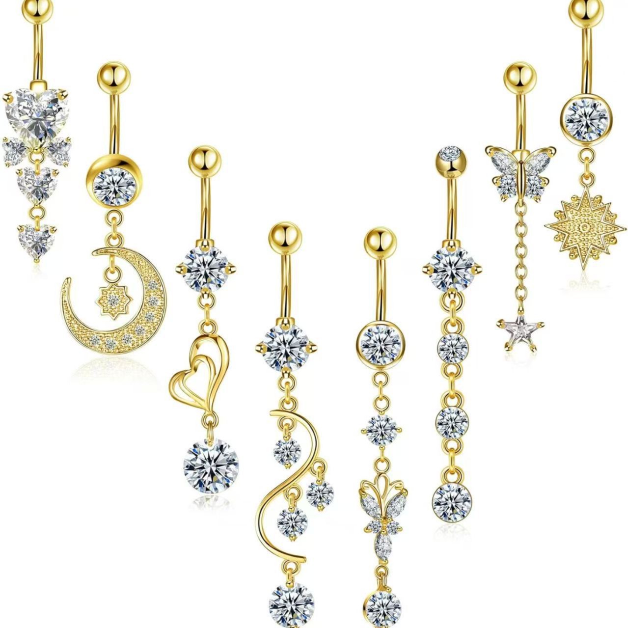 Stainless Steel Belly Button Ring Set - 8 Piece Butterfly Star Dangle Umbilical Jewelry Gold - Image 5