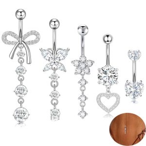5-Piece Rose Gold Stainless Steel Belly Button Ring Set, Heart Butterfly Pendants, Zirconium Navel Ring Piercing Jewelry Wholesale