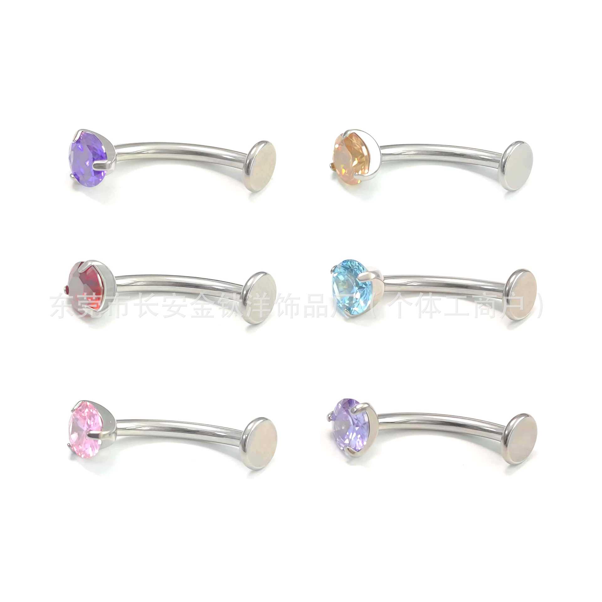 F136 Titanium Internal Thread Three-Claw Zircon Basic Curved Rod Suspended Navel Nail - Image 3