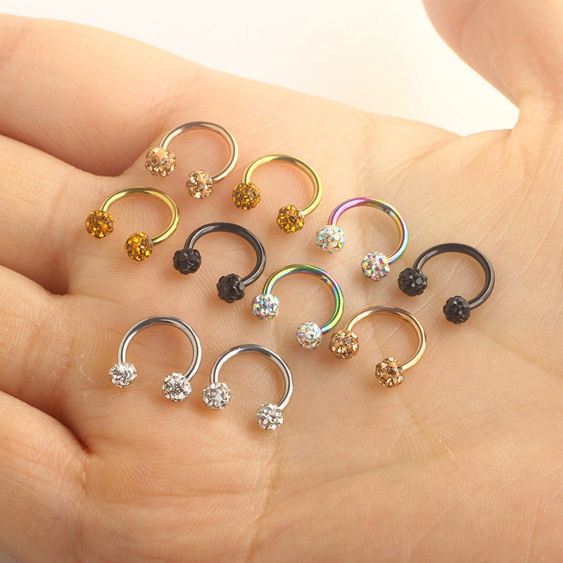 C-Shaped Diamond Ball Nose Ring Stainless Steel Hoop Earring Septum Jewelry Rose Gold - Image 2