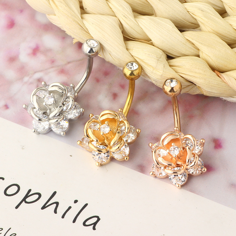 Exquisite Rose Gold Zircon Flower Navel Ring Stainless Steel Belly Button Piercing Jewelry - Image 2