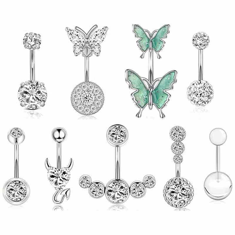 Wholesale Rose Gold Set Butterfly Stainless Steel Diamond CZ Flower Navel Ring Belly Button Piercing Jewelry 9-Piece - Image 2