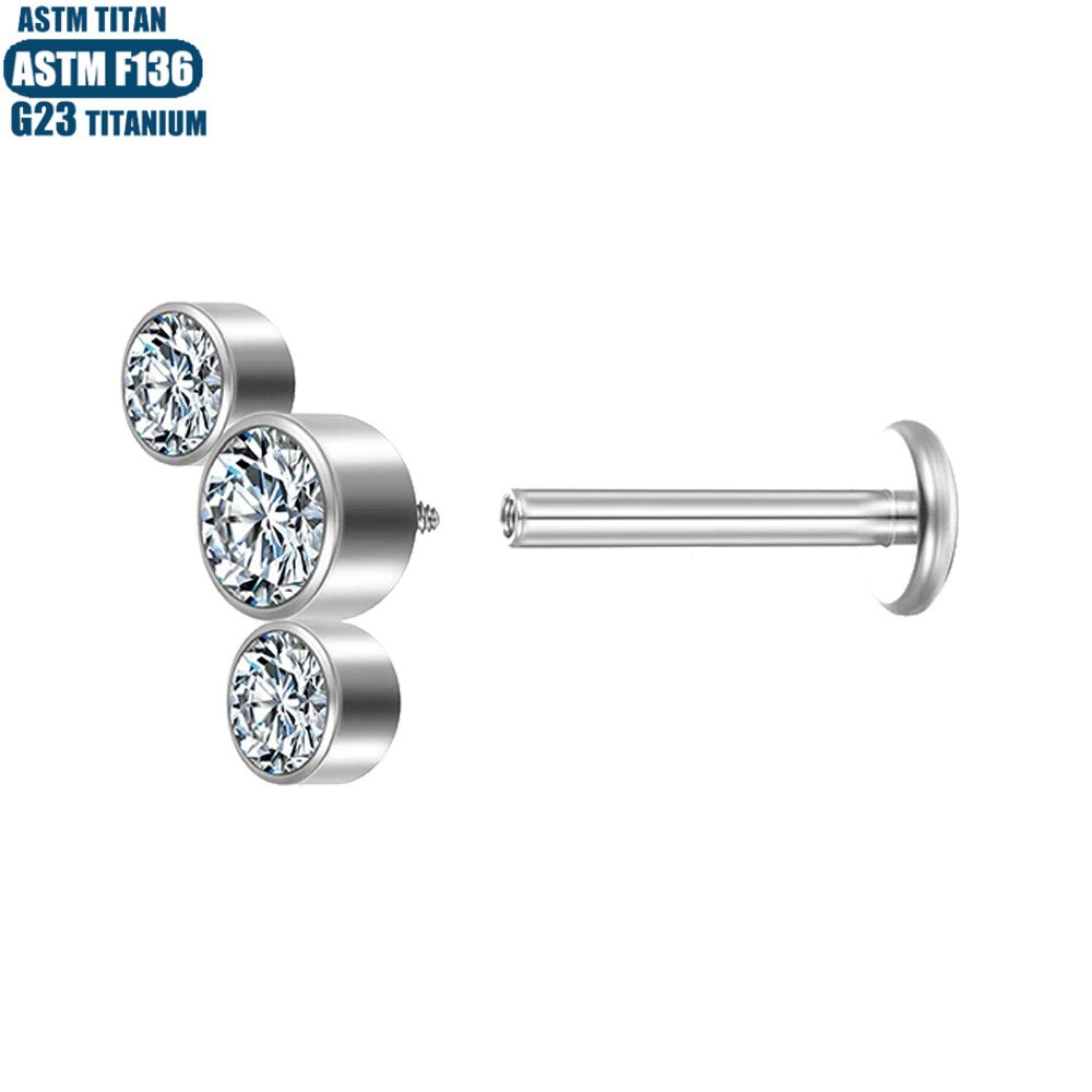 F136 Titanium Lip Stud Piercing with 3 Zircon Ear Bone Ring Internal Thread Teardrop Small Ear Stud Women Earrings - Image 4