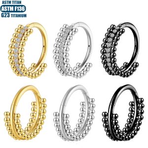 F136 Titanium Alloy Nose Ring Implant Grade Seamless Ring Double Row Solder Ball Hinge Perforated Cartilage Ring Zircon Earrings