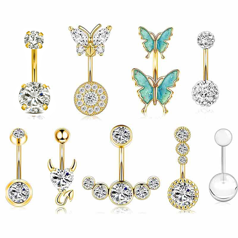 Wholesale Rose Gold Set Butterfly Stainless Steel Diamond CZ Flower Navel Ring Belly Button Piercing Jewelry 9-Piece - Image 3