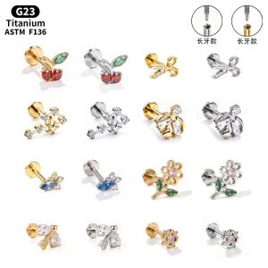 F136 Titanium Alloy Ear Studs, Finely Carved Long Tooth Ear Bone Studs, Zirconia Lip Studs, G23 Titanium Body Piercing Jewelry