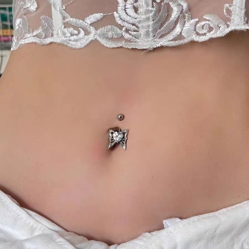 Butterfly Belly Button Ring Peach Heart Zircon Belly Piercing Jewelry Copper Gold PVD - Image 4