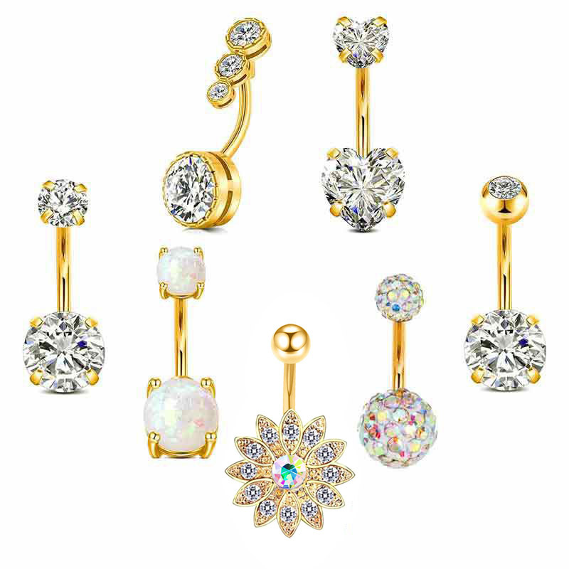 Sunflower Love Belly Button Ring Set Stainless Steel Dangle Navel Piercing Jewelry Rose Gold - Image 2