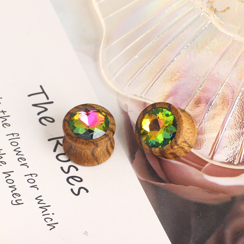 Wood Inlay Crystal Tooth Ear Spreader - Punk Style Waist Drum Ear Gauges Stainless Steel - Image 3