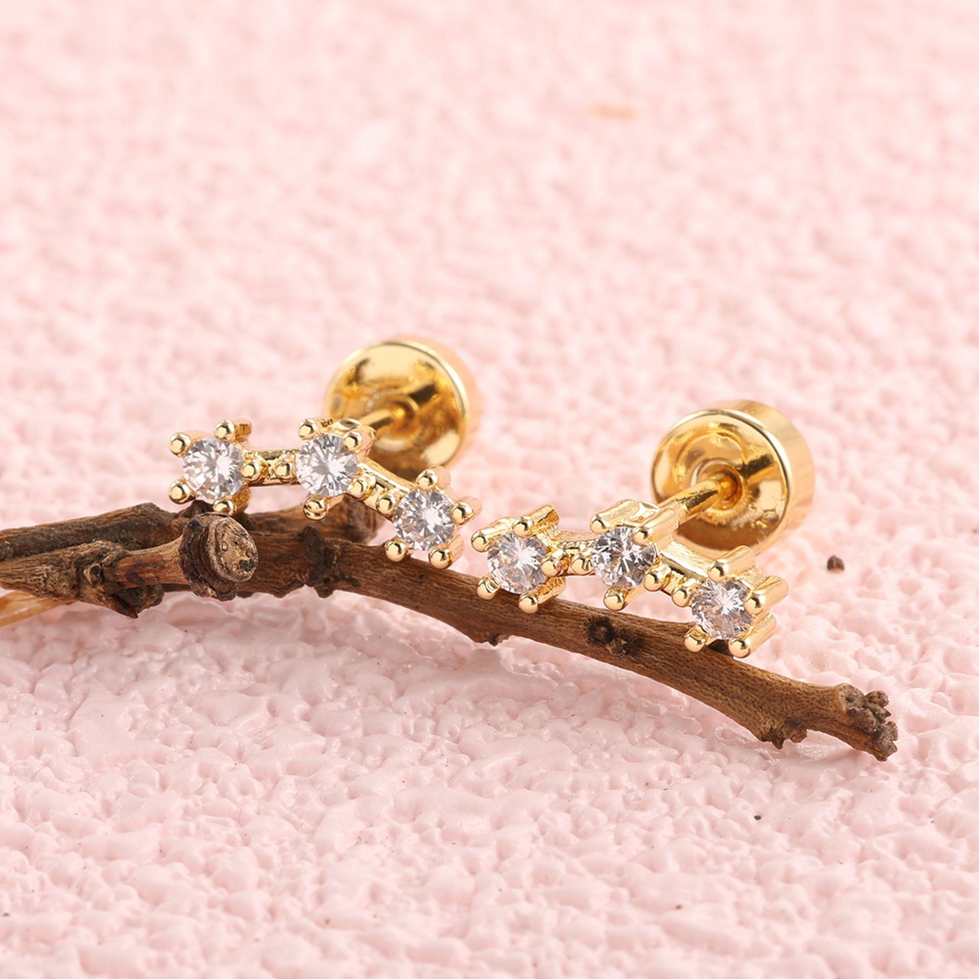 1 Pair Stainless Steel + Copper Plated Real Gold Zirconia Ear Bone Studs, 20G Fine Rod Piercing Jewelry, Hot-Selling Cross-Border Product, In Stock - Image 2