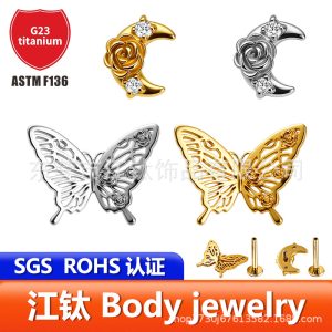 Butterfly Rose Moon 3D G23 Titanium Ear Stud Cartilage Piercing Jewelry 1.2x10mm Gold