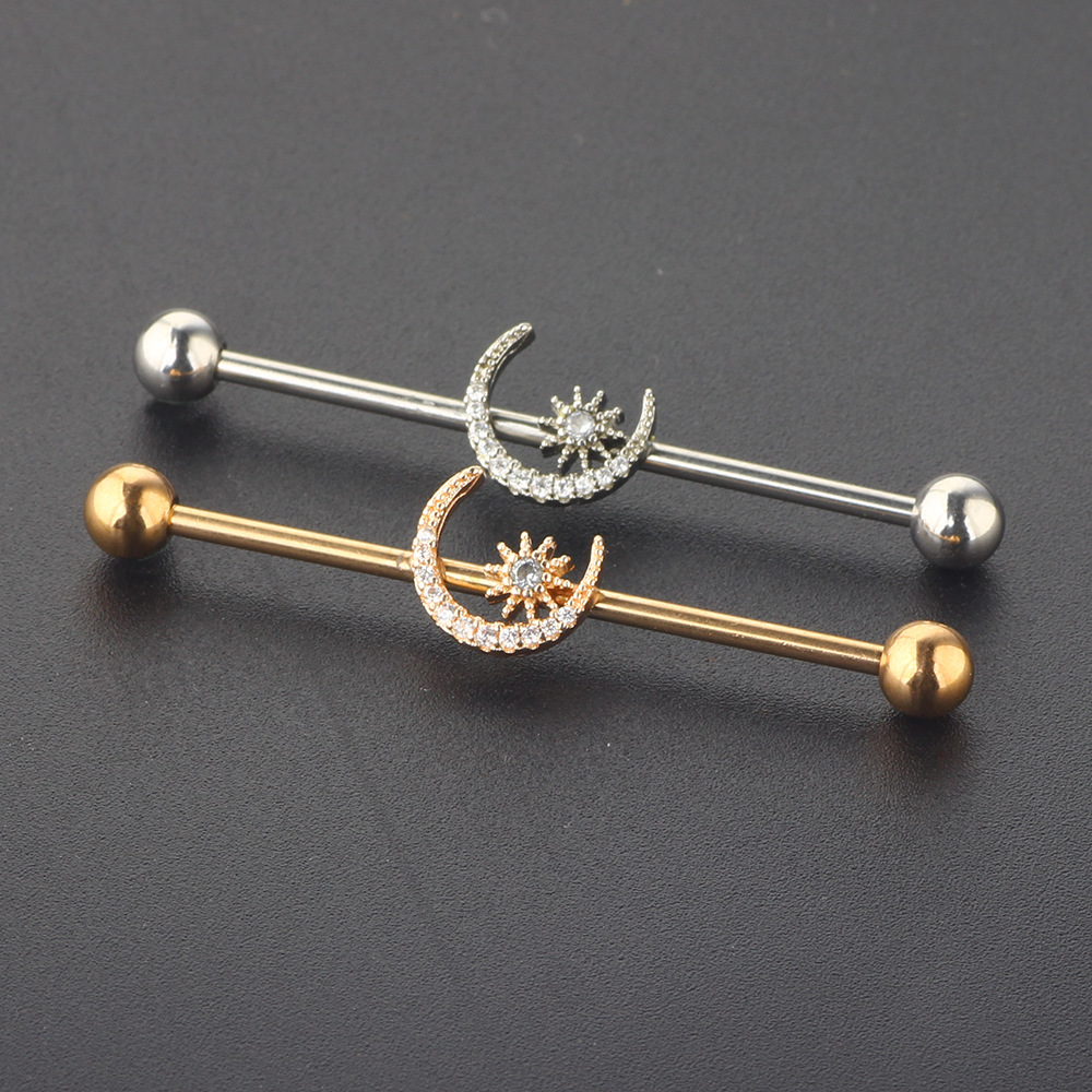 Long Row Diamond Moon Star Industrial Earring - Rose Gold Stainless Steel Cartilage Stud Ear Piercing Jewelry - Image 4
