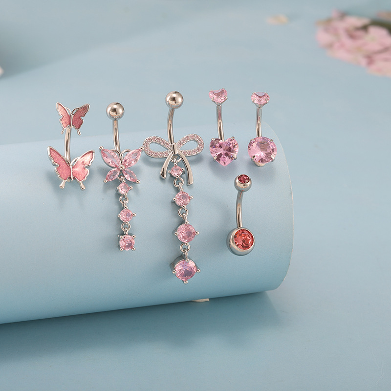Cross-Border Hot-Selling Stainless Steel + Copper Inlaid Zircon Bow Pendant Belly Button Ring Navel Piercing Jewelry for Women - Image 4