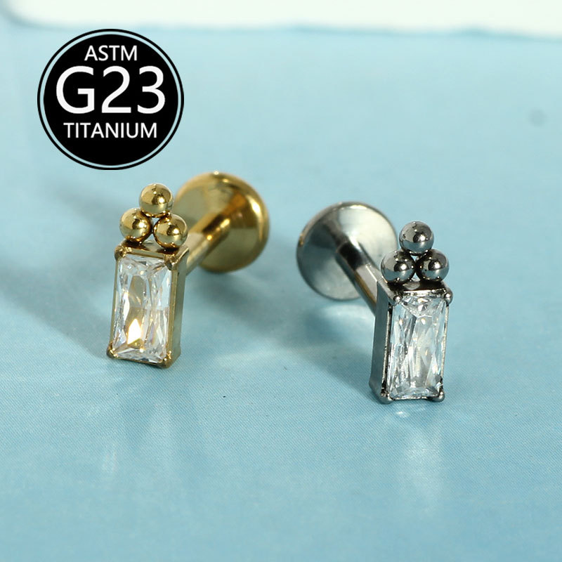 G23 Titanium Alloy F136 Internal Thread Inlaid Zircon Geometric Lip Stud Ear Cartilage Piercing Jewelry - Image 4