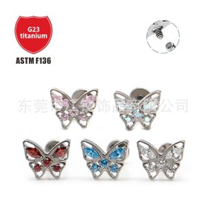 G23 Titanium Alloy Butterfly Cartilage Stud Earring with CZ - 1.2x10mm ASTM F136 Jewelry