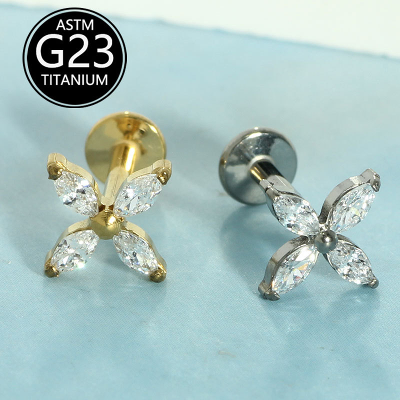 G23 Titanium Four-Petal Marquise Zircon Lip Labret Stud Unisex Elegant Versatile Lip Piercing Jewelry - Image 3