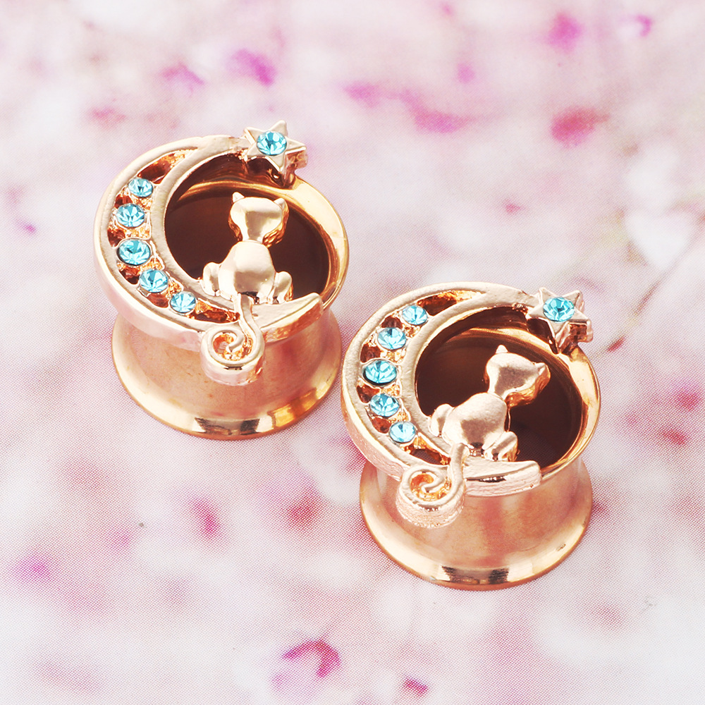 Rose Gold Stainless Steel Ear Expander with Diamond Cat Small Horn Cartilage Earring Jewelry - Image 2
