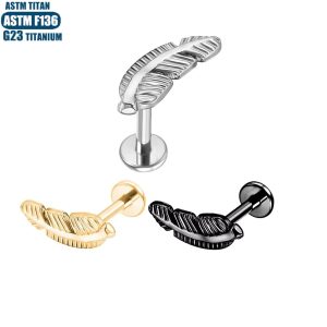 F136 Titanium Feather Lip Ring Inner Thread Lip Piercing Jewelry Black