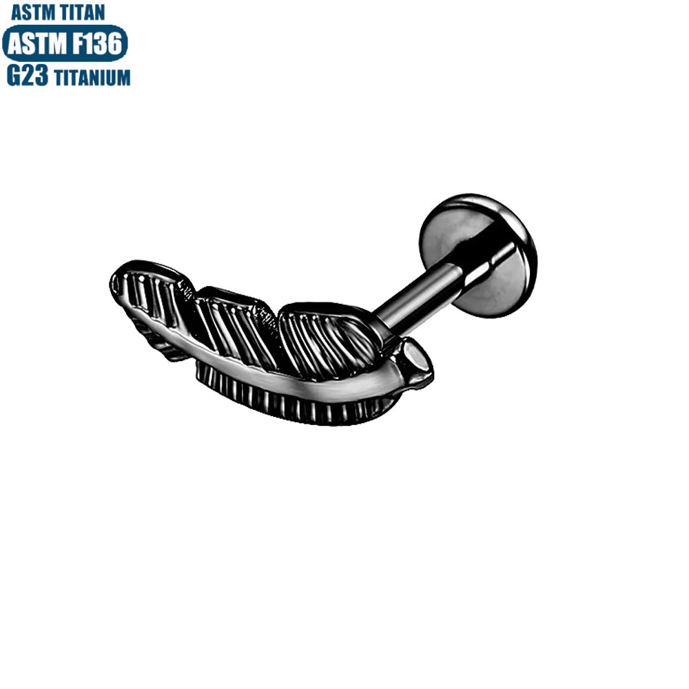 F136 Titanium Feather Lip Ring Inner Thread Lip Piercing Jewelry Black - Image 3