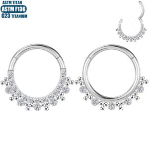 G23 Titanium Hinge Perforated Nose Ring Bead Cluster Zircon Earrings Seamless Split Ring Ear Bone Ring Body Piercing Jewelry