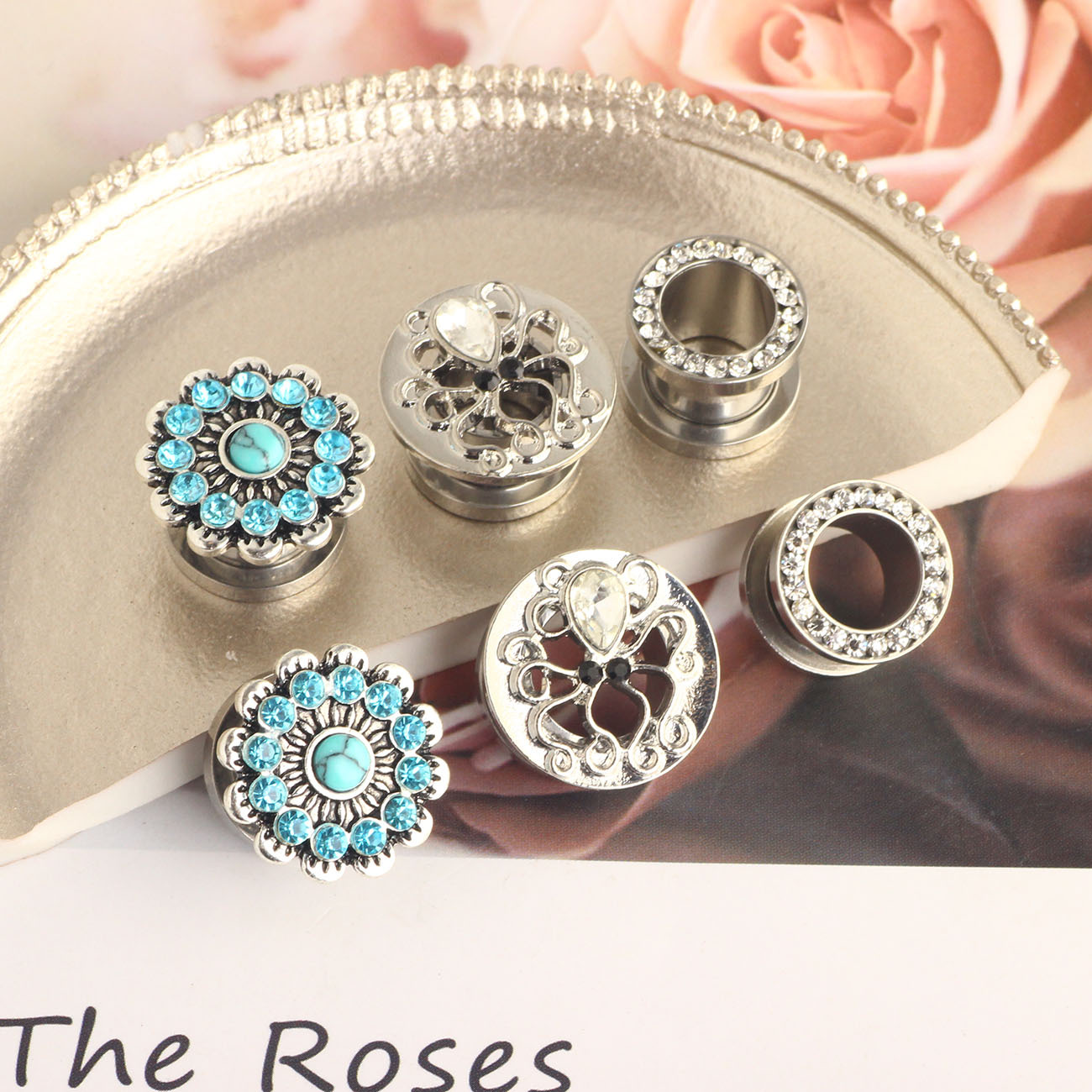 Stainless Steel Turquoise Octopus Ear Expander I-Shaped Roller Slide Thread Unscrew Body Piercing 6-Piece Set - Image 5
